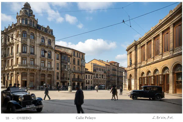 Vista coloreada de la calle Pelayo con el Teatro Campoamor, entre 1930 y 1934.