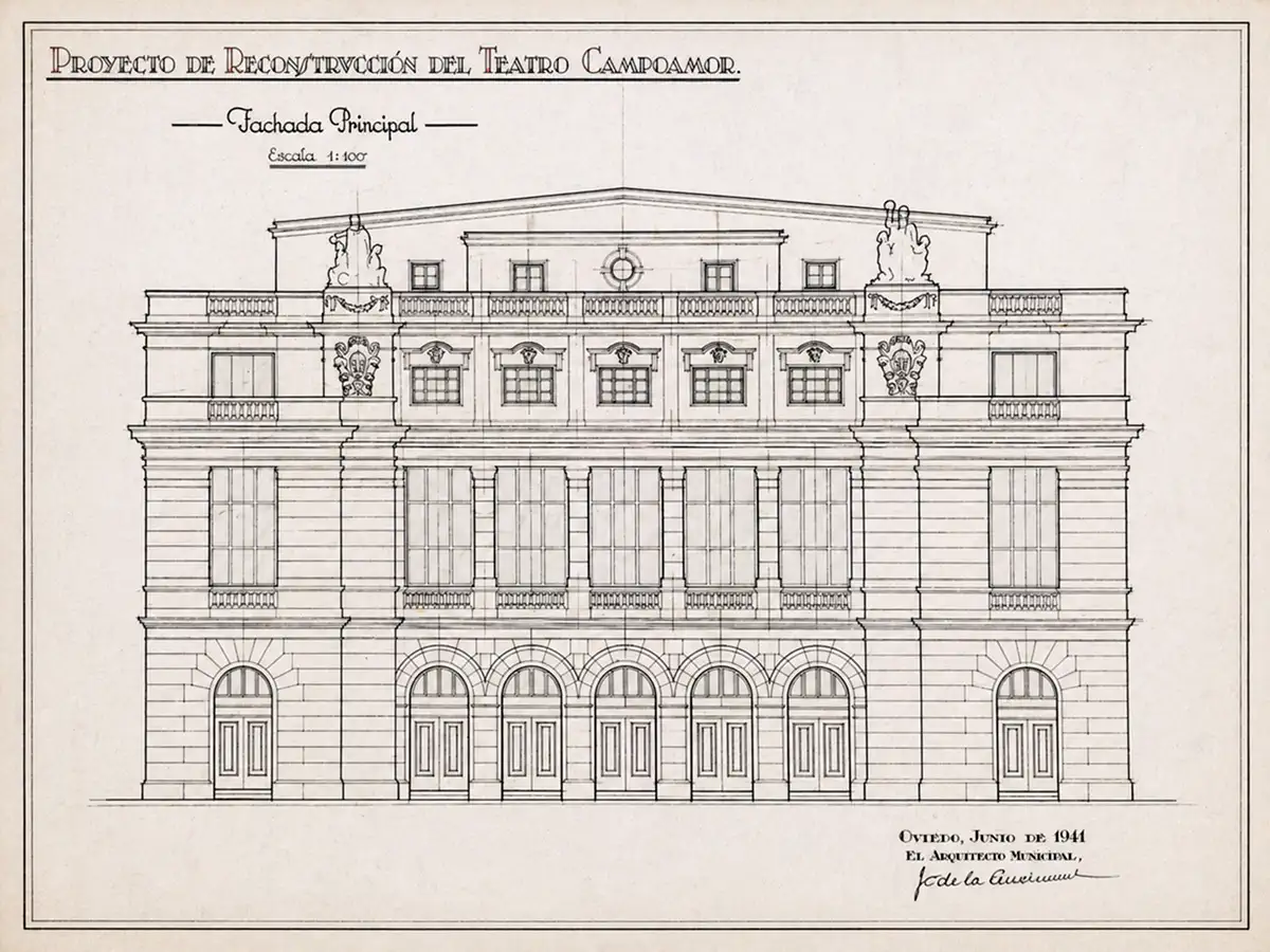 Diseño de la nueva fachada del Teatro Campoamor incluido en el proyecto de reconstrucción redactado por Gabriel de la Torriente en 1941.